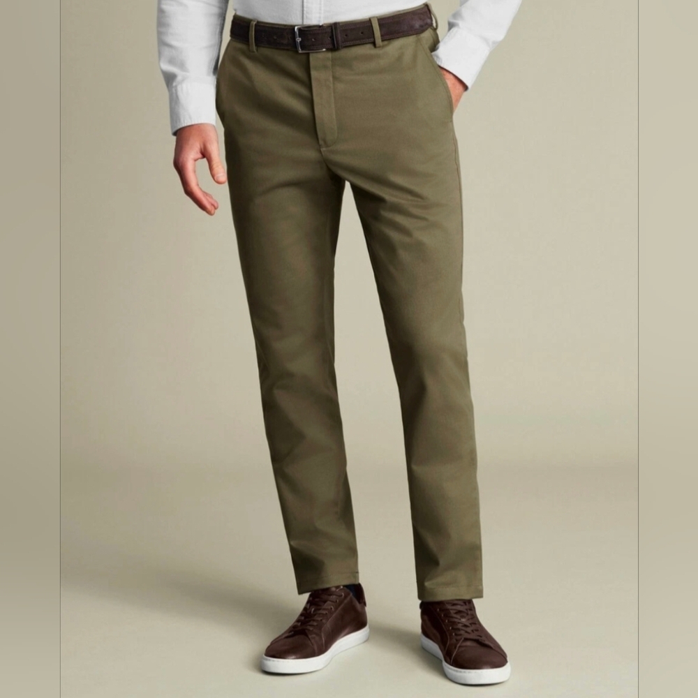 Charles Tyrwhitt Mens Classic Fit Ultimate Non-iron Chino Olive Green Size 32W